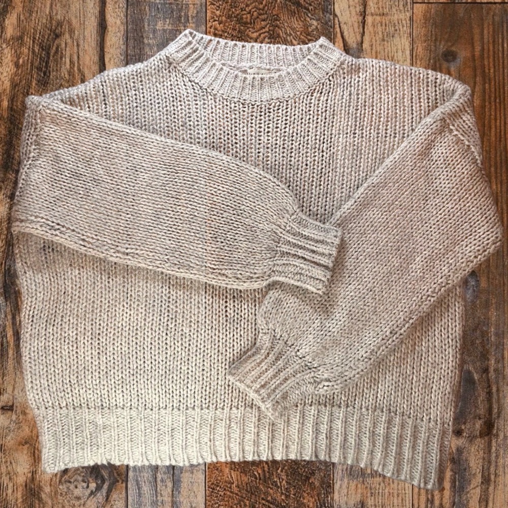Little Lies Oatmeal Chunky Knit Balloon Sleeve Sweater Minimalist Cabincore